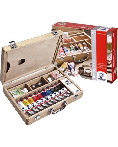 Van Gogh Set de base couleurs acryliques dans une boîte en bois, avec 10 couleurs en tubes de 40 ml + accessoires Van Gogh Set de base couleurs acryliques dans une boîte en bois, avec 10 couleurs en tubes de 40 ml + accessoires