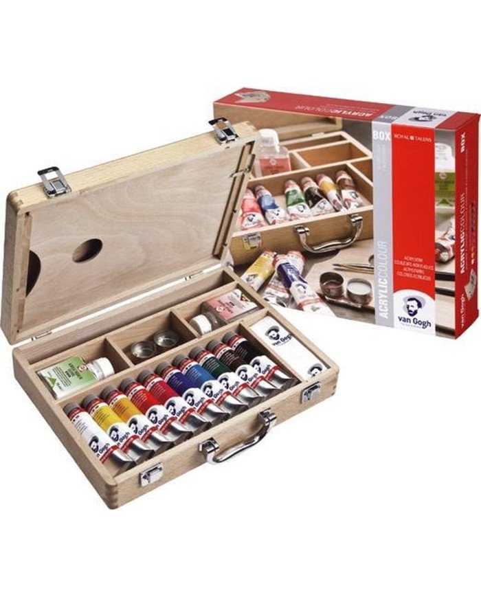 Van Gogh Set de base couleurs acryliques dans une boîte en bois, avec 10 couleurs en tubes de 40 ml + accessoires