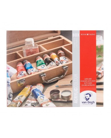 Van Gogh Set de base couleurs acryliques dans une boîte en bois, avec 10 couleurs en tubes de 40 ml + accessoires