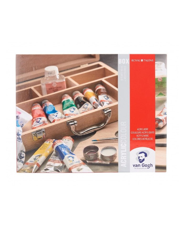 Van Gogh Set de base couleurs acryliques dans une boîte en bois, avec 10 couleurs en tubes de 40 ml + accessoires