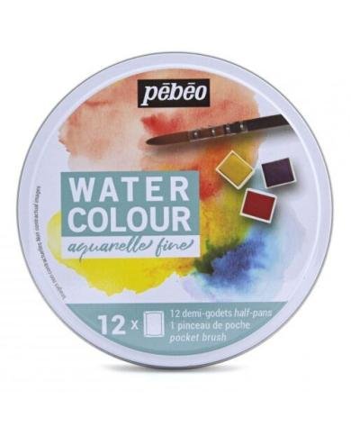 Aquarelle Fine Boite Ronde en metal 12 Demi-Godets PEBEO