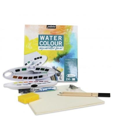 Kit complet Boite Ovale 24 Demi Godets Aquarelle Fine + Accessoires PEBEO