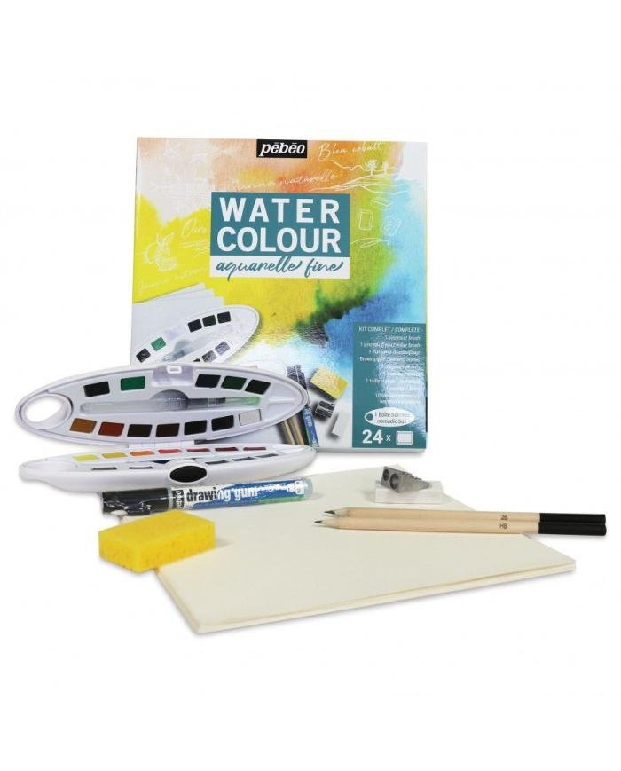 Kit complet Boite Ovale 24 Demi Godets Aquarelle Fine + Accessoires PEBEO