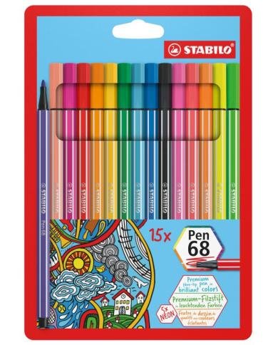 STABILO Pen 68 Neon Pochette de 15 couleurs