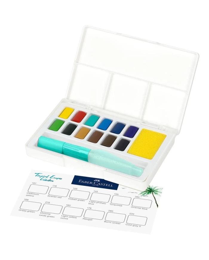 Aquarelles tropicales en godets Faber-Castell Set de 12 + pinceau