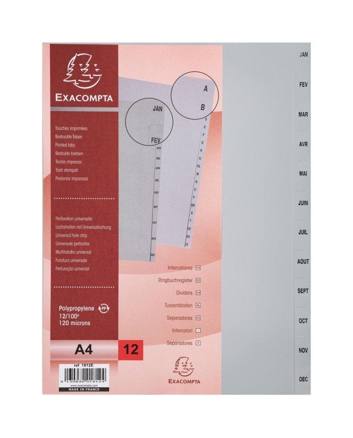 Le Libr'air - Intercalaires Mensuels en PolyPro Gris Janvier-Décembre 12 Positions A4 - Exacompta - Tunisie