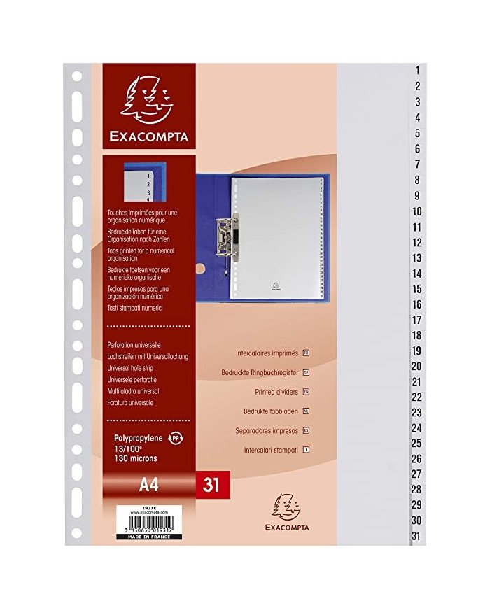 Le Libr'air - Intercalaires Numériques en PolyPro Gris 31 Positions A4 - Exacompta - Tunisie