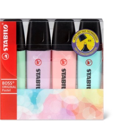 Stabilo Boss Pochette de 4 Surligneurs -Pastel- Pointe Biseautée assortis