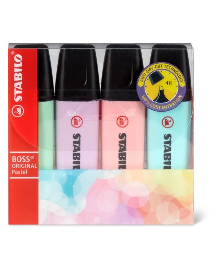 Stabilo Boss Pochette de 4 Surligneurs -Pastel- Pointe Biseautée assortis