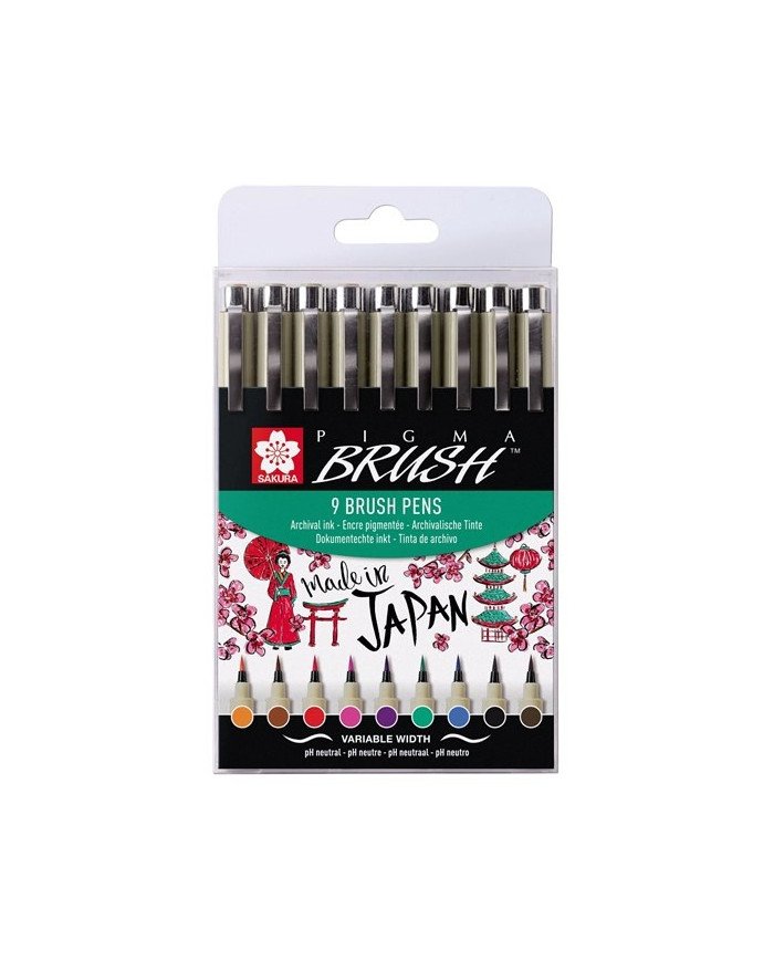 Étui de 9 Brush Pen Pigma Pinceau Couleurs Assorties SAKURA
