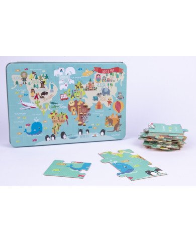 Puzzle Mappemonde Boite Métal 48Pièces APLI