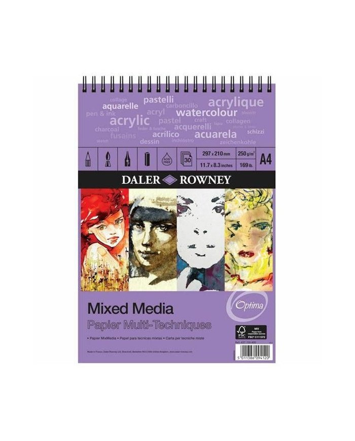 Bloc Spiral Papier Multi Techniques A4- 250G- 30Feuilles OPTIMA Daler Rowney
