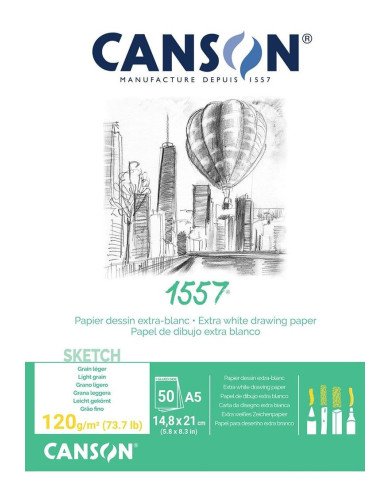 CANSON 1557 A5, Papier Croquis Blanc, Grain Léger, 120gm, Bloc Collé CANSON 1557 A5, Papier Croquis Blanc, Grain Léger, 120gm, Bloc Collé