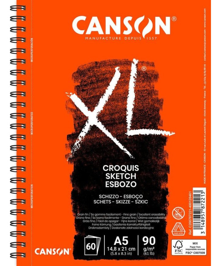 CANSON XL Croquis - Album de dessin - reliure à anneaux métalliques - A5 - 60 feuilles - ivoire