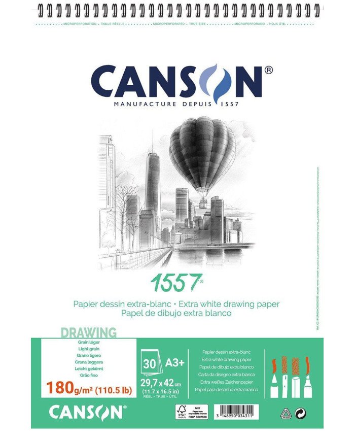 CANSON Papier à dessin A3 - 1557® - 180g - 30 feuilles - Blanc