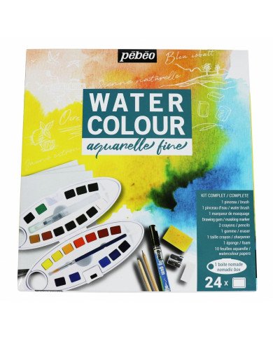 Le Libr'air - Kit complet Boite Ovale 24 Demi Godets Aquarelle Fine + Accessoires PEBEO - Tunisie