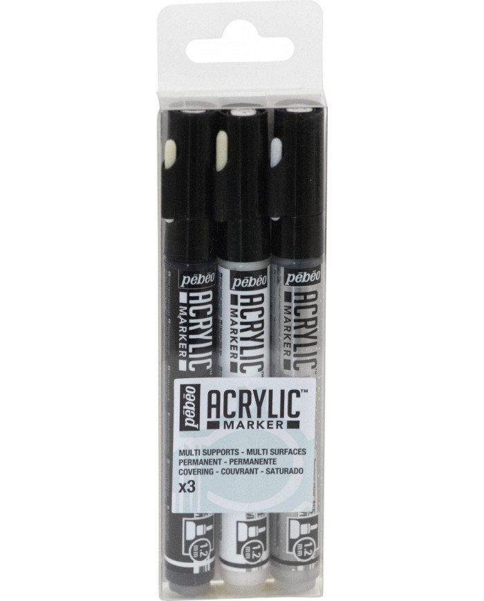 Le Libr'air - Set de 3 Acrylic Marker Noir, Blanc et Argent Pointe Ronde 1,2 mm PEBEO - Tunisie