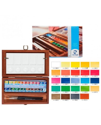 Set Aquarelle en bois Van Gogh 24 couleurs en godets + 3 accessoires