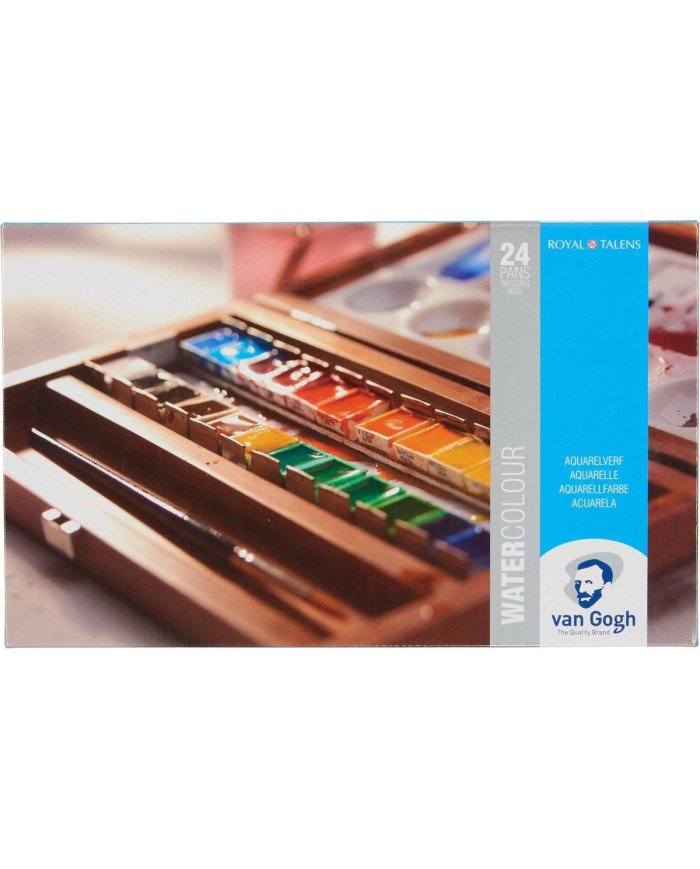 Set Aquarelle en bois Van Gogh 24 couleurs en godets + 3 accessoires