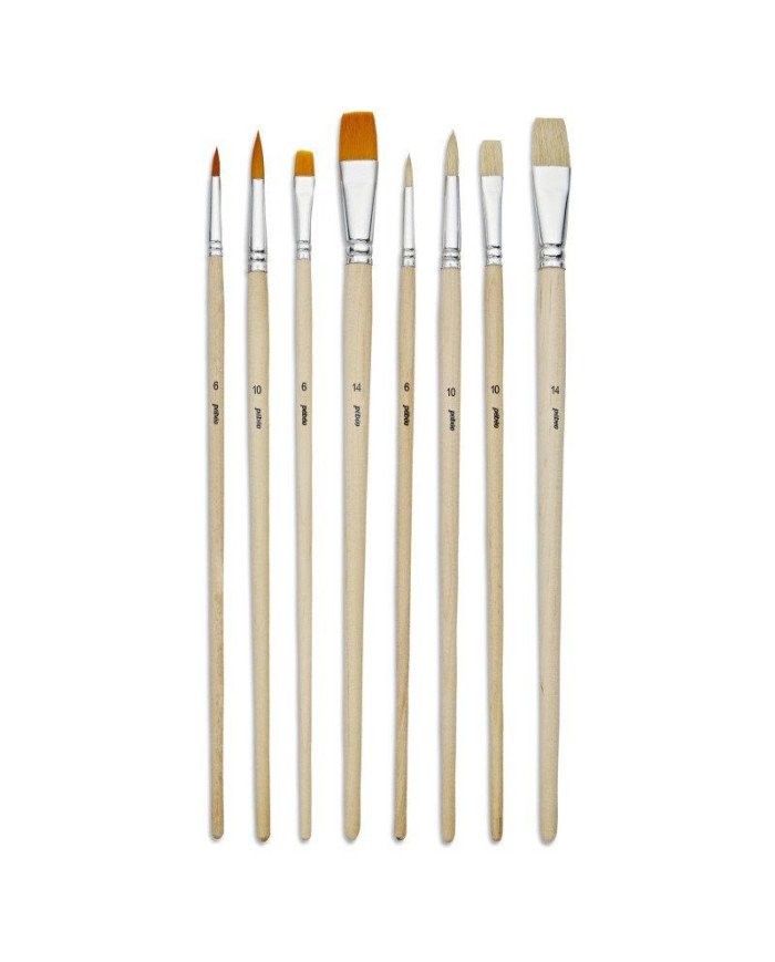 Pochette De 8 Pinceaux Manche Long Plat Et Rond Soie Beau Blanc Et Polyamide Dore PEBEO
