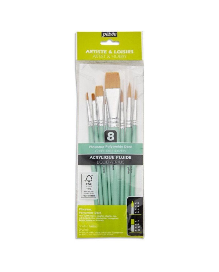 Pochette De 8 Pinceaux Plat Et Rond Polyamide Dore PEBEO